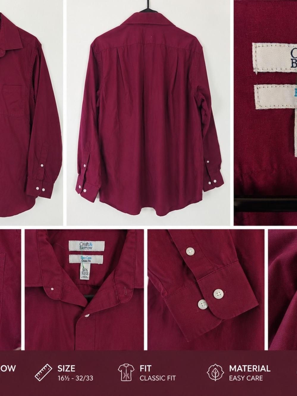 Croft & Barrow Easy Care Classic Fit Men's Dress Shirt Burgundy 16.5 32/33